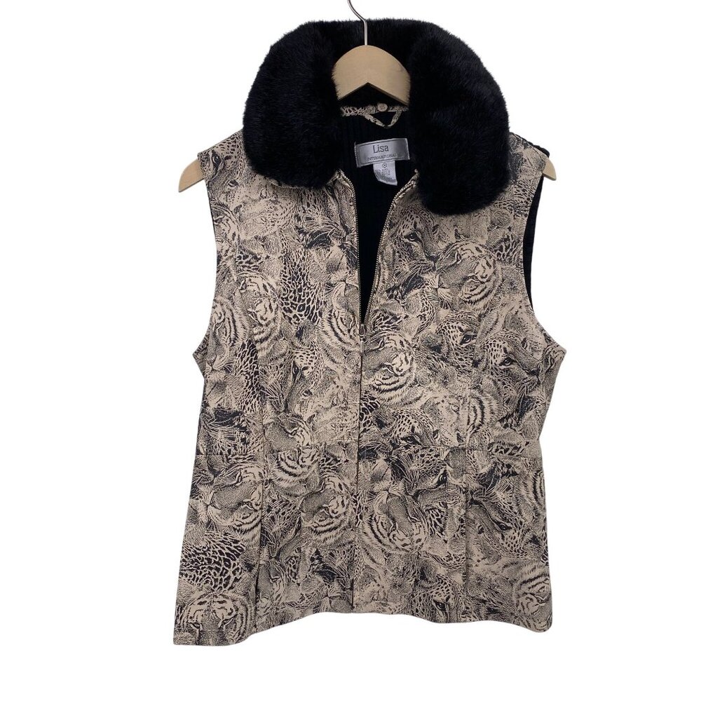 Vintage Lisa International Leather Tiger printed vest size medium faux fur colla
